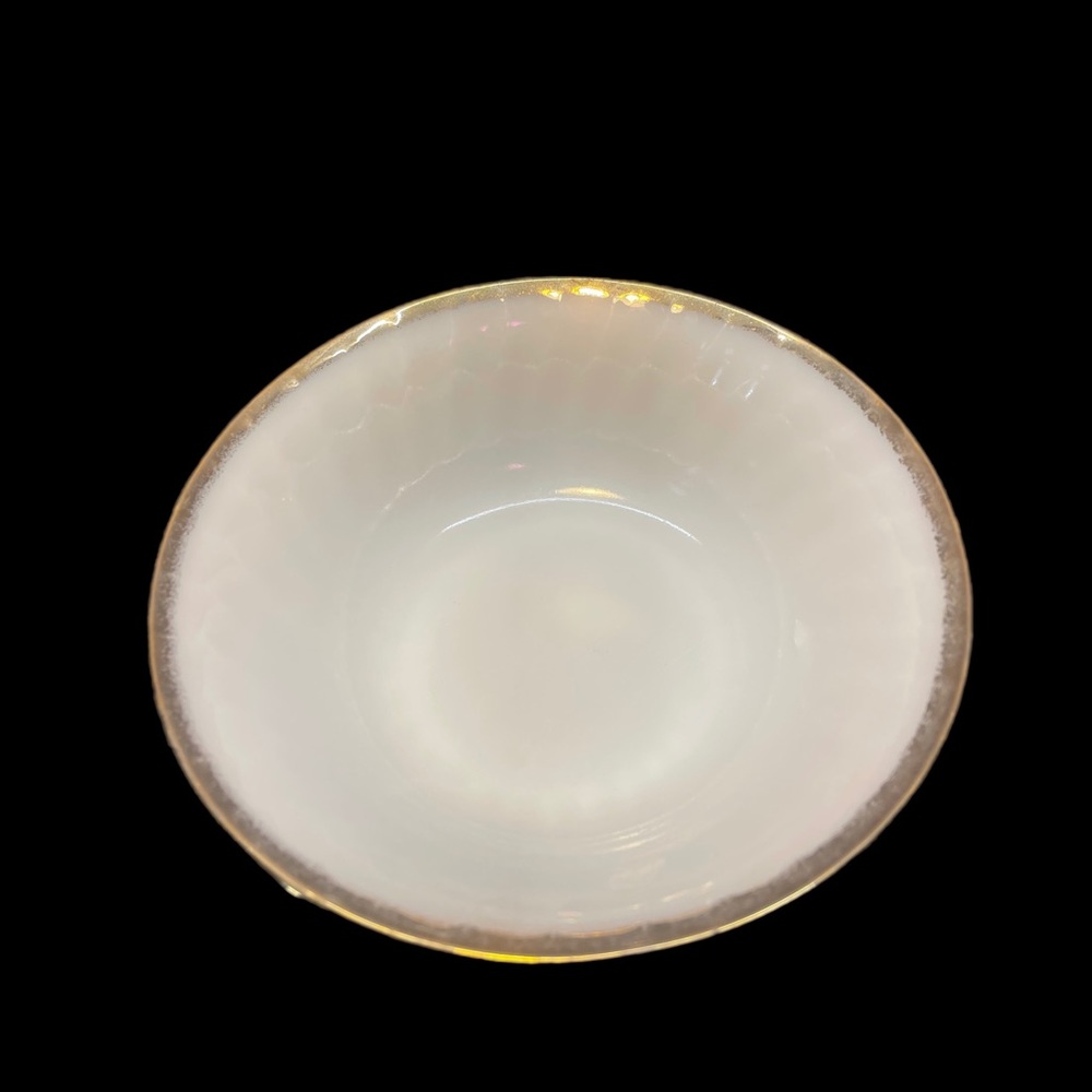 Vintage Fire King Serving Bowl - White Swirl w/Gold Trim 8.25”
